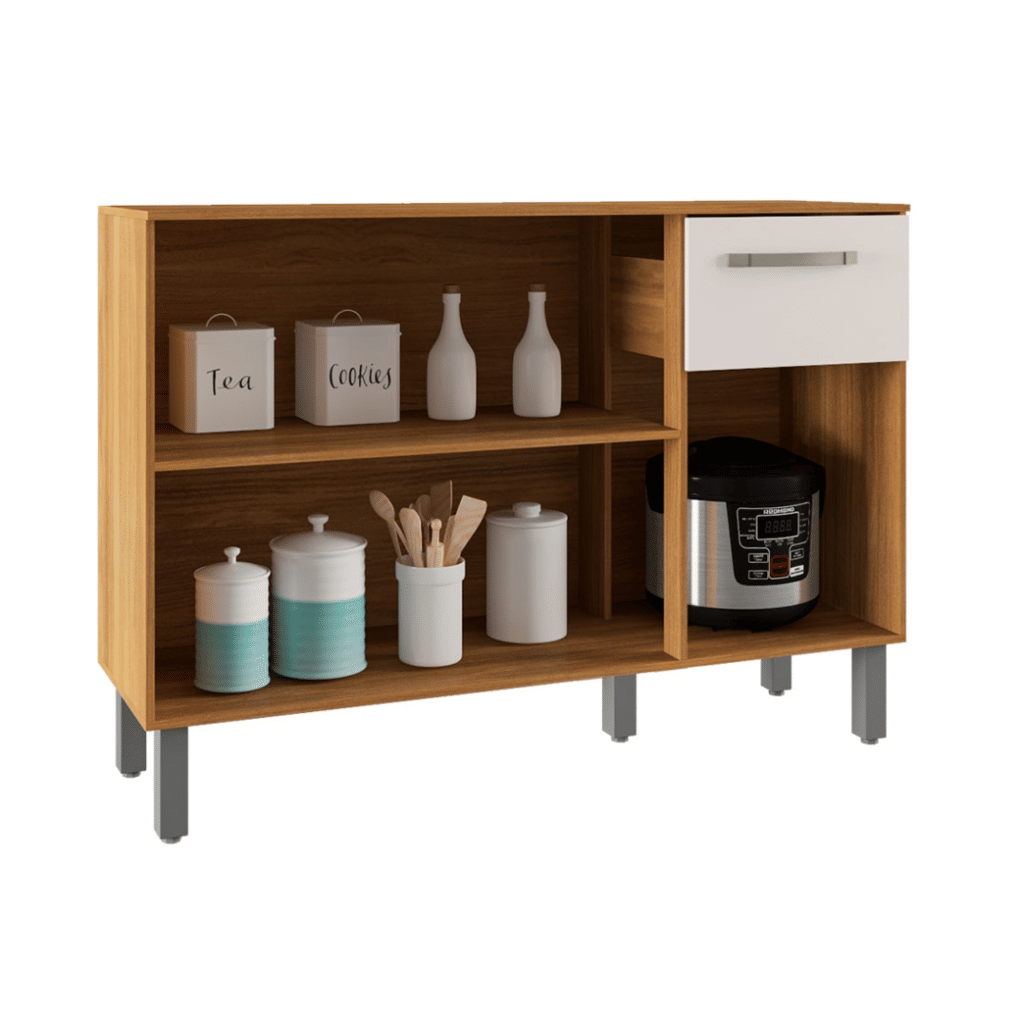 Balcão de Cozinha 3 Portas 1 Gaveta, Mila 120cm - Fiorello - Freijó/Off White Balcão de Cozinha 3 Portas 1 Gaveta, Mila 120cm - Fiorello - Freijó/Off White