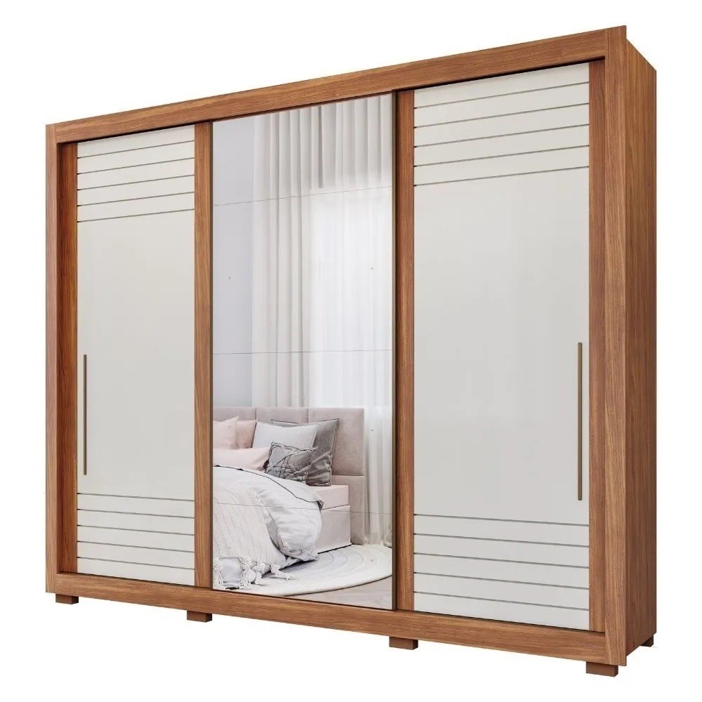 Guarda-Roupa Casal Com Espelho 3 Portas de Correr em MDF Panan Móveis Vitória Cinamomo/Off White Guarda-Roupa Casal Com Espelho 3 Portas de Correr em MDF Panan Móveis Vitória Cinamomo/Off White