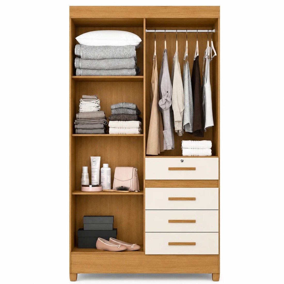 Guarda-roupa Sobral Solteiro 4 Portas 4 Gavetas com Chave Moval - Freijo/Off White