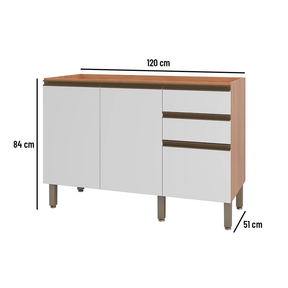 Balcão de Cozinha para Pia 120 cm 2 Portas 3 Gavetas Freijó/Branco Macadâmia - Telasul