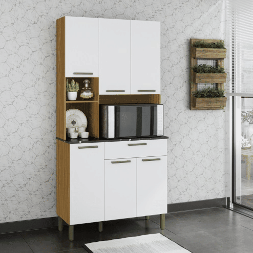 Armário de Cozinha Kit 6 Portas 1 Gaveta em MDF  Ronipa Tannat Amendoa/Branco Armário de Cozinha Kit 6 Portas 1 Gaveta em MDF  Ronipa Tannat Amendoa/Branco