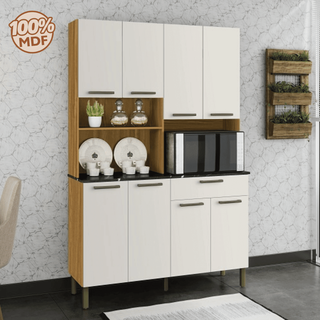 Armário de Cozinha Kit 8 Portas 1 Gaveta em MDF Ronipa Tannat Amendoa/Off White Armário de Cozinha Kit 8 Portas 1 Gaveta em MDF Ronipa Tannat Amendoa/Off White
