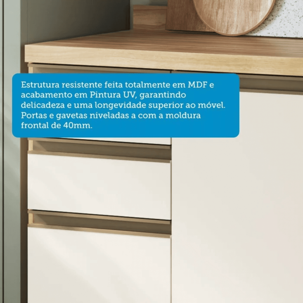Balcão de Cozinha com Tampo 3 Portas 2 Gavetas em MDF Ronipa Chardonnay Amendoa/Off White Balcão de Cozinha com Tampo 3 Portas 2 Gavetas em MDF Ronipa Chardonnay Amendoa/Off White