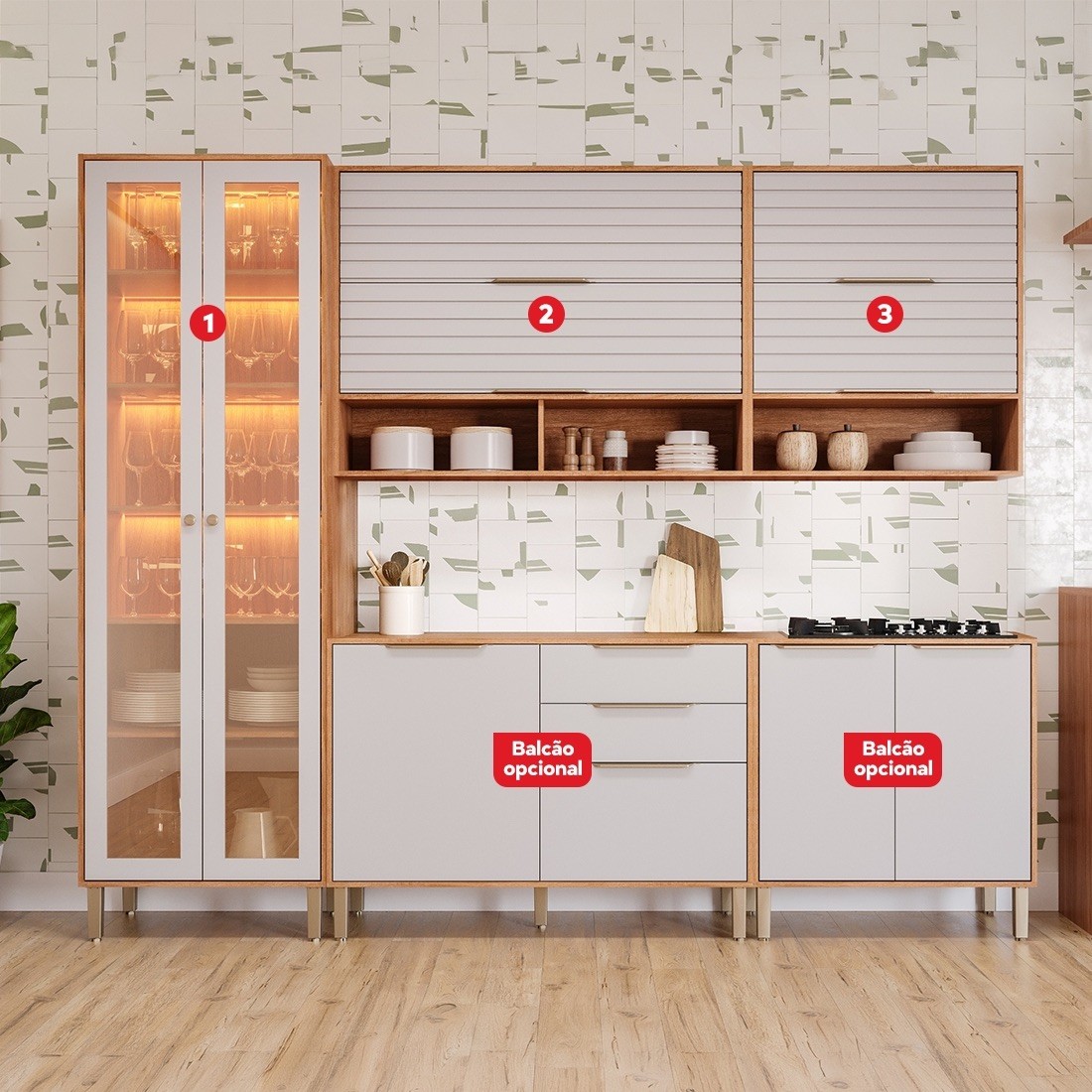 Cozinha Esplêndida 3 Módulos 100% MDF Cristaleira Reflecta com LED - Cinamomo/Of White Cozinha Esplêndida 3 Módulos 100% MDF Cristaleira Reflecta com LED - Cinamomo/Of White