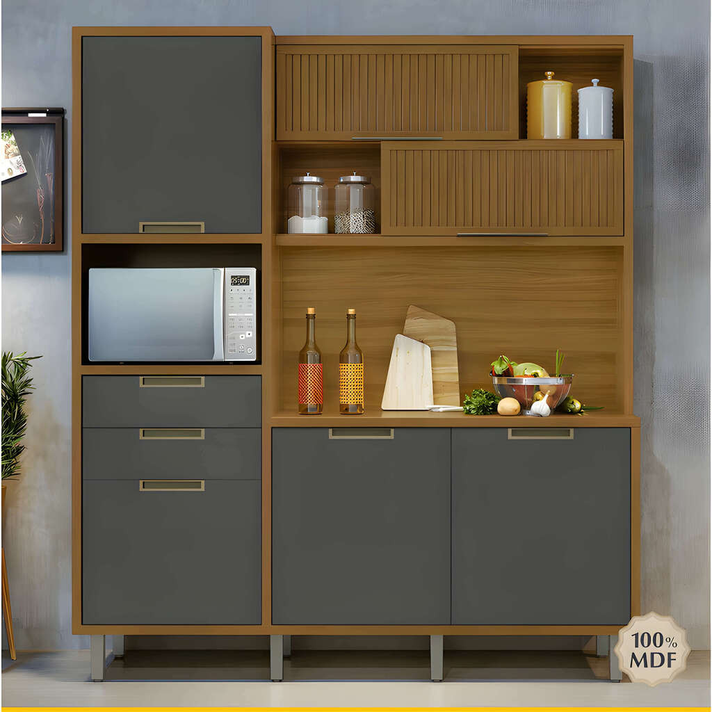 Armário de Cozinha Kit em MDF Kit Nesher 6 Portas 2 Gavetas Loft Imperatriz Freijó/Grafite  Armário de Cozinha Kit em MDF Kit Nesher 6 Portas 2 Gavetas Loft Imperatriz Freijó/Grafite