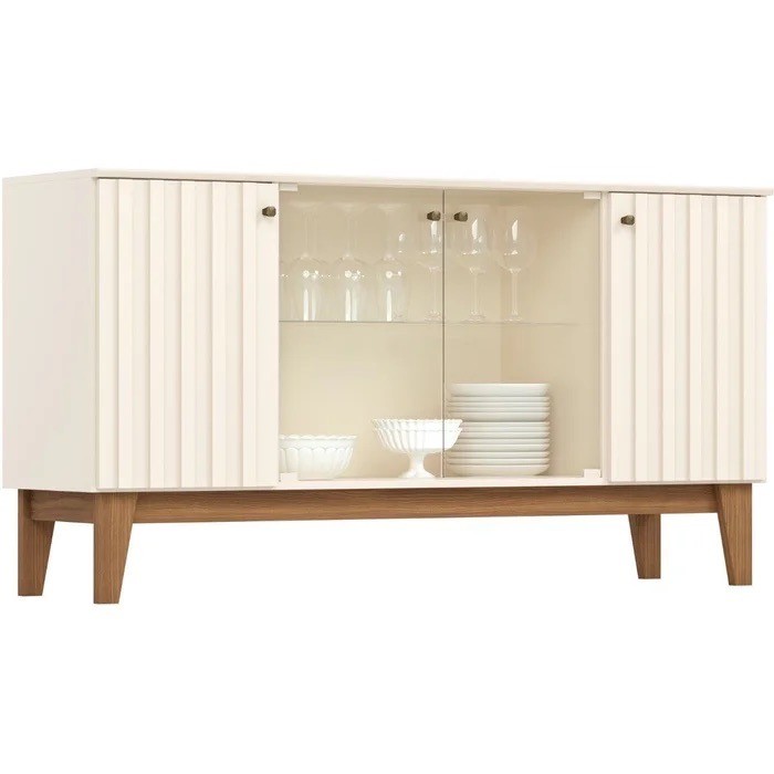 Buffet Aparador Eiffel 4 Portas Henn Off White/Nature - Ripado e Vidro Buffet Aparador Eiffel 4 Portas Henn Off White/Nature - Ripado e Vidro