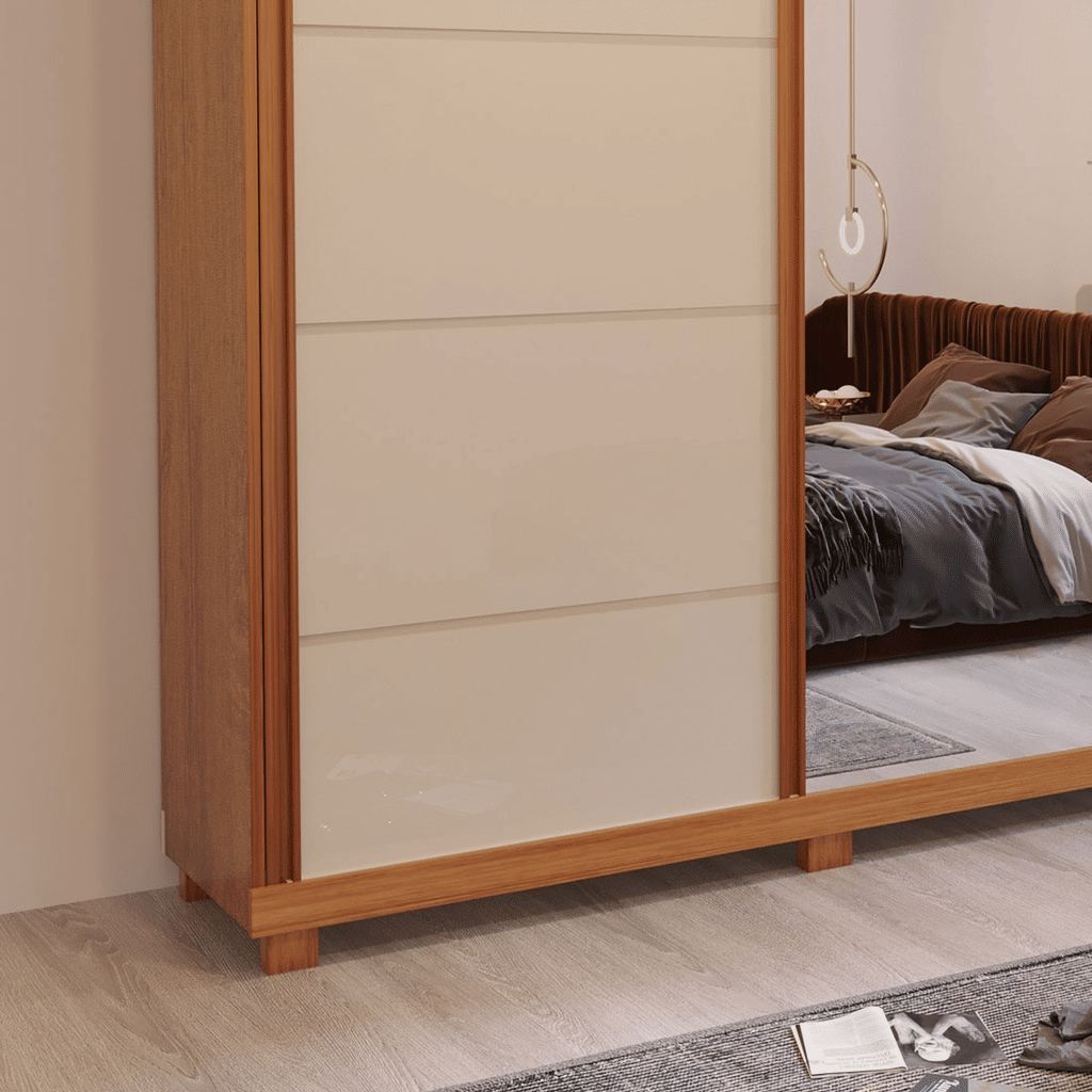 Guarda-Roupa Anna Euro 100% MDF, com Espelho, 3 portas de correr, Nature/Off White - Bom Pastor