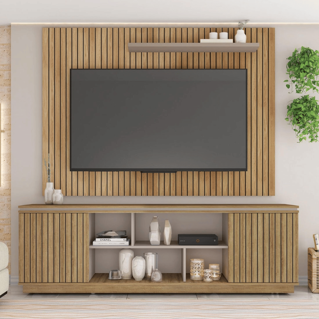 Rack com Painel para TV Até 75 Polegadas Simetria 2 Portas Frisado Mel/Cacal - Caemmun Rack com Painel para TV Até 75 Polegadas Simetria 2 Portas Frisado Mel/Cacal - Caemmun