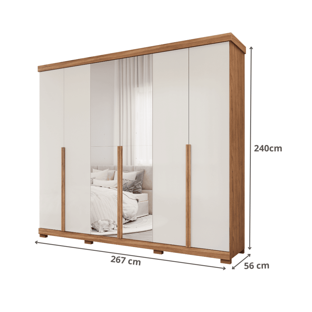Guarda-Roupa Casal com Espelho 6 Portas em MDF Panan Móveis Guarapari Cinamomo/Off White Guarda-Roupa Casal com Espelho 6 Portas em MDF Panan Móveis Guarapari Cinamomo/Off White