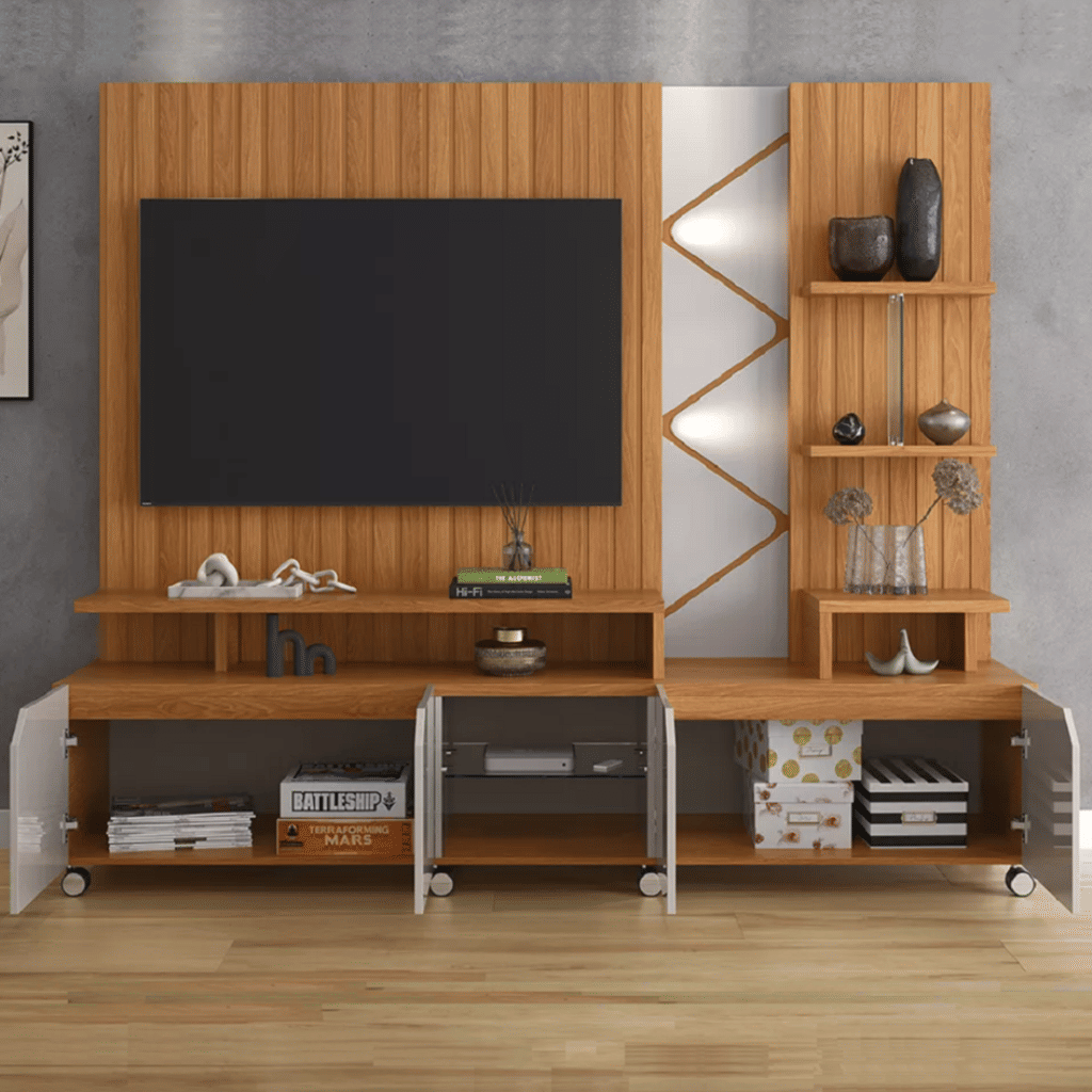 Estante Home TV de até 55 Polegadas com LED Cross cor Frisado Jequitiba/Off White - Lukaliam Estante Home TV de até 55 Polegadas com LED Cross cor Frisado Jequitiba/Off White - Lukaliam