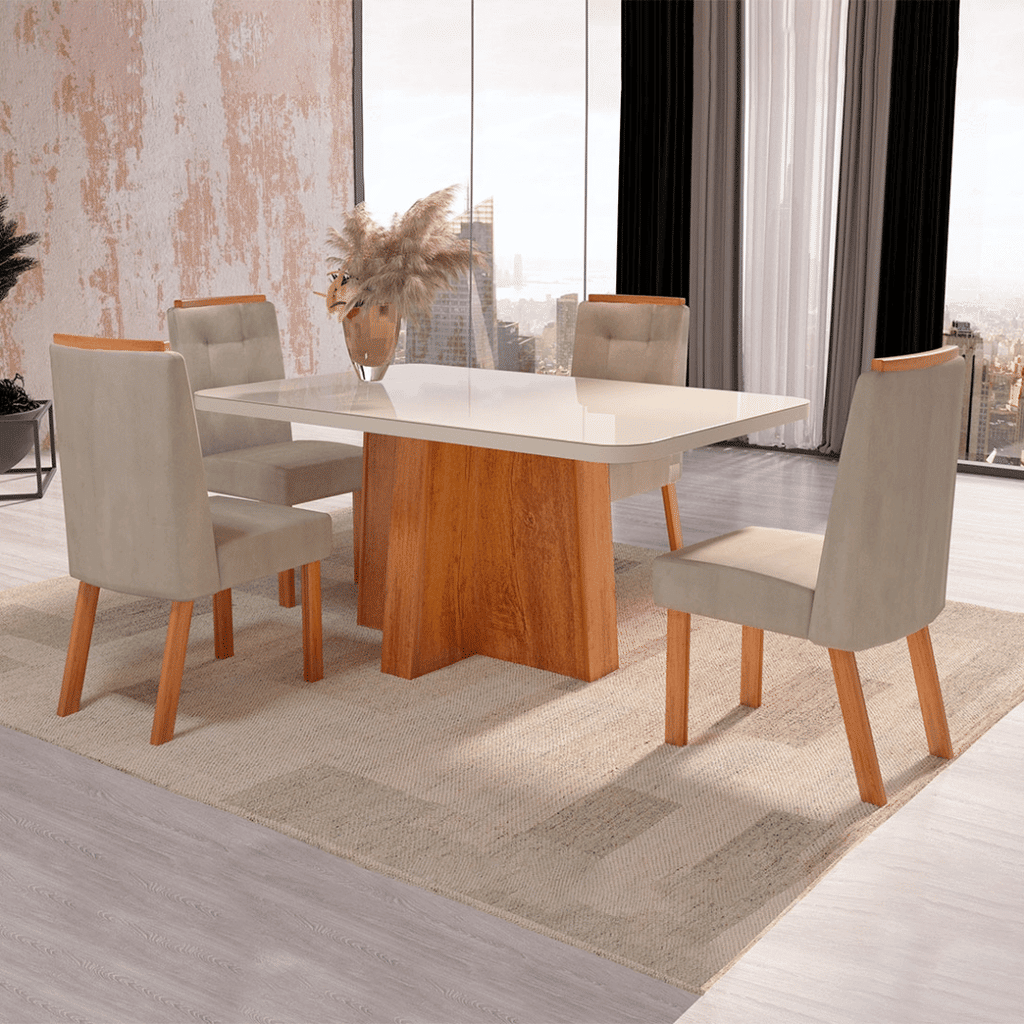 Conjunto Mesa Space  120x80 Tampo de Vidro com 04 cadeiras Fly Luxo Nature/Off White - Bom Pastor  Conjunto Mesa Space  120x80 Tampo de Vidro com 04 cadeiras Fly Luxo Nature/Off White - Bom Pastor