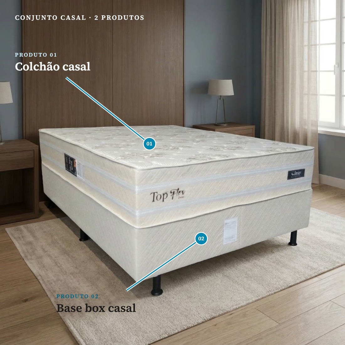 Cama Box Casal + Colchão Design Top Flex Ouro 138X188X70 Cama Box Casal + Colchão Design Top Flex Ouro 138X188X70