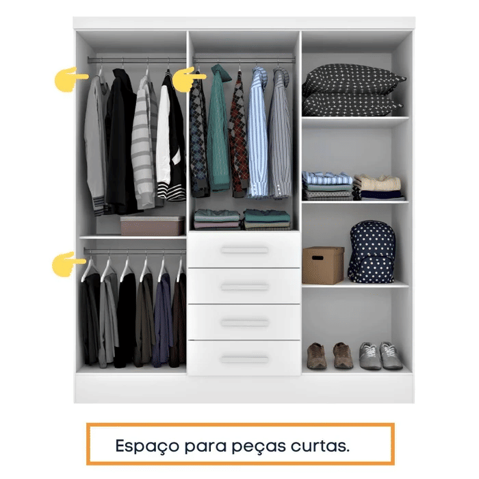 Guarda-Roupa Casal com Espelho, 6 Portas Tcil Móveis Arizona Branco Guarda-Roupa Casal com Espelho, 6 Portas Tcil Móveis Arizona Branco