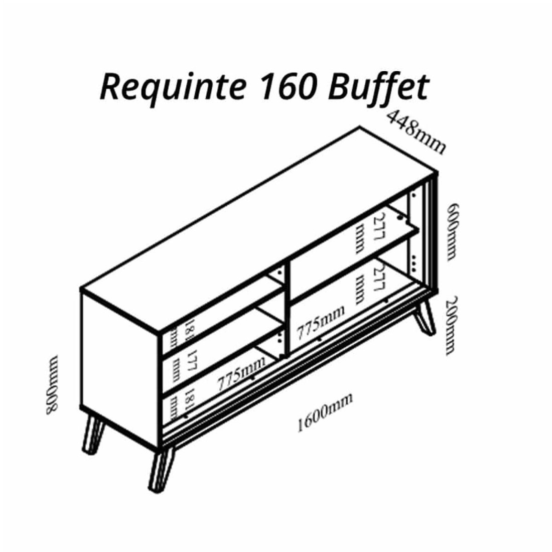 Buffet 160 Requinte 4 Portas 100% MDF Com Pés Madeira Naturale Off Gelius