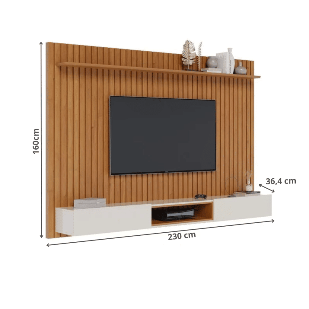 Home Ripado Loft 2.2m Imcal Nature/Off White Painel Suspenso 2 Portas Basculantes Prateleira Regulável Nicho Central