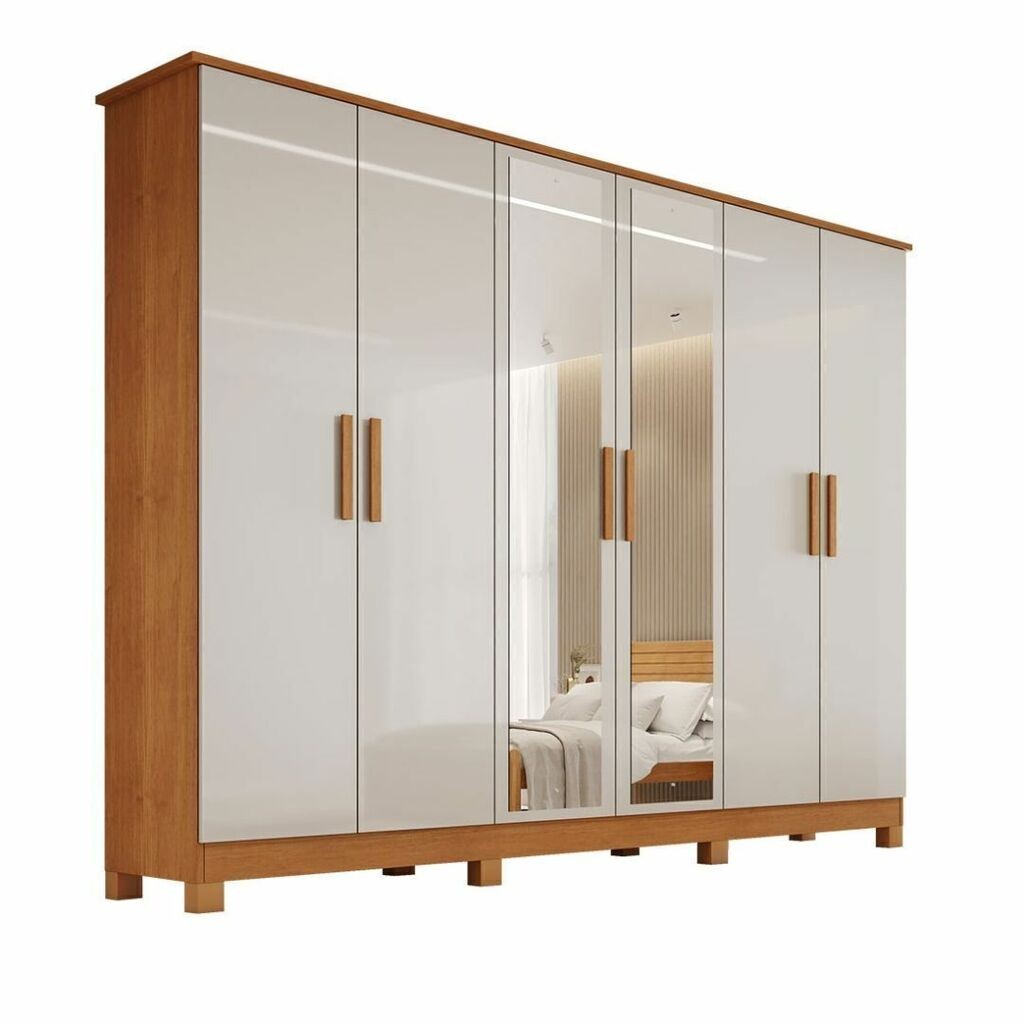 Guarda-Roupa Casal Com Espelho Em MDF 6 Portas Bianchi Nina Naturall/Off White Guarda-Roupa Casal Com Espelho Em MDF 6 Portas Bianchi Nina Naturall/Off White