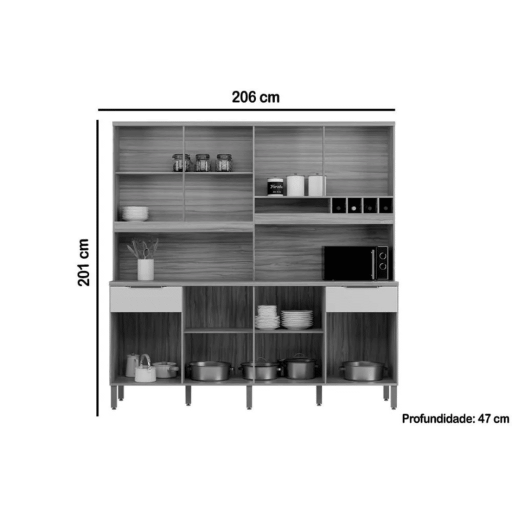 Armário de Cozinha Kit Ronipa MDF Concord 8 Portas 2 Gavetas Amêndoa/Chumbo