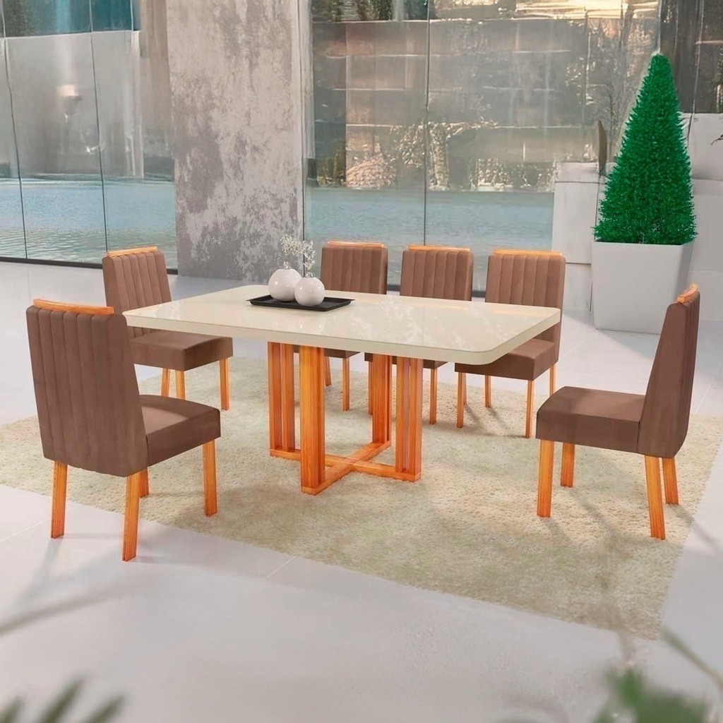 Mesa de Jantar Sentra 160x80 Tampo com Vidro, 06 cadeiras Nature/T3010 - Bom Pastor  Mesa de Jantar Sentra 160x80 Tampo com Vidro, 06 cadeiras Nature/T3010 - Bom Pastor