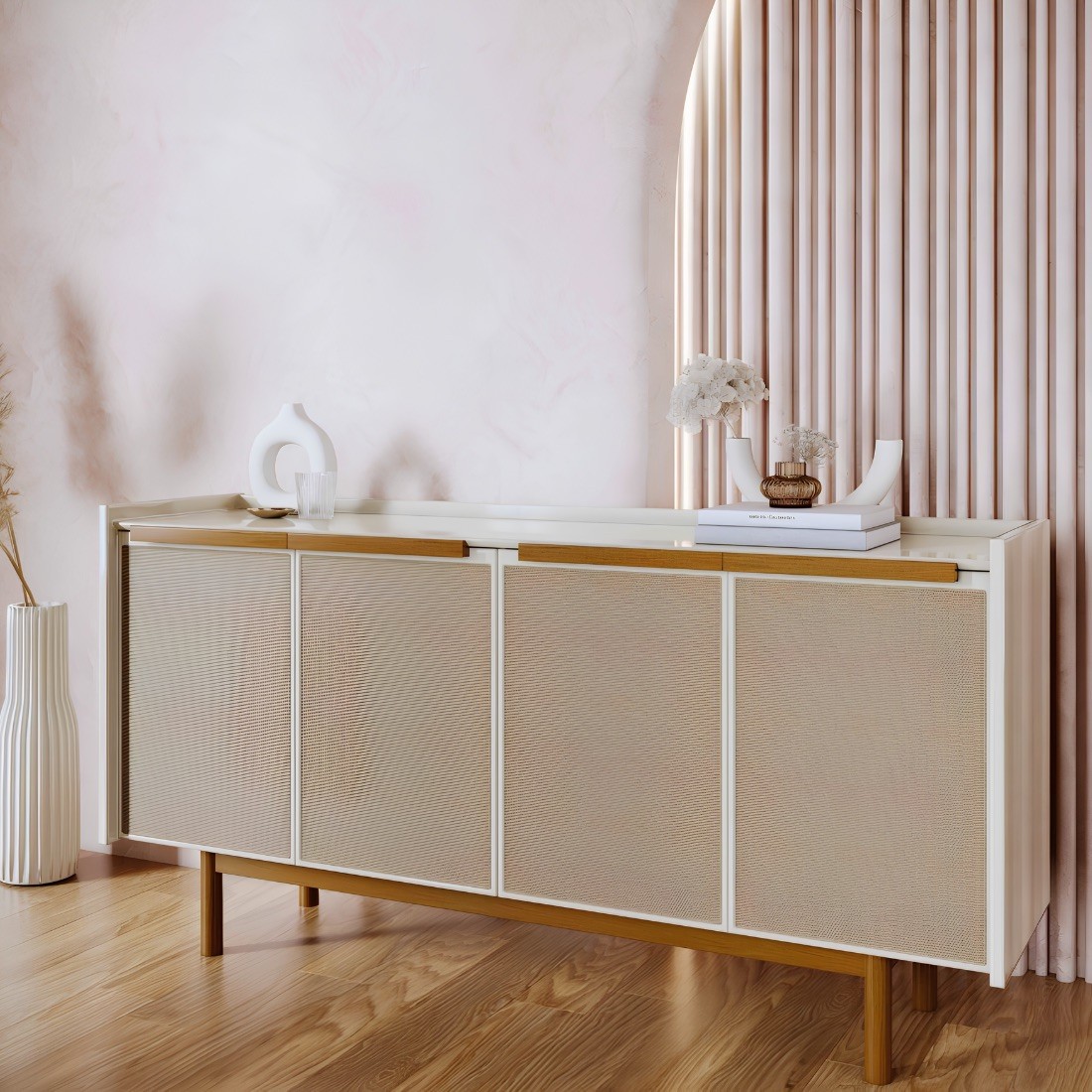 Buffet Dune 4 Portas 1.6 com 1 Gaveta, Off White/Nature - Imcal Buffet Dune 4 Portas 1.6 com 1 Gaveta, Off White/Nature - Imcal