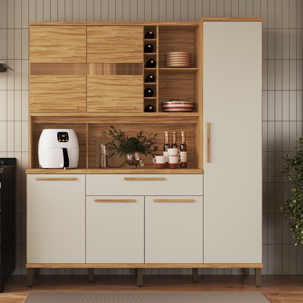 Armário Kit Cozinha 100% MDF 6 Portas 1 Gaveta Ronipa Touriga Amêndoa Off White Armário Kit Cozinha 100% MDF 6 Portas 1 Gaveta Ronipa Touriga Amêndoa Off White