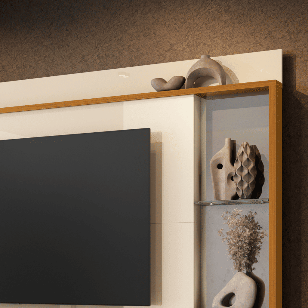 Estante Home para TV até 75 Polegadas com Espelho 4 Gavetas Leni Off White/Cedro - EDN Estante Home para TV até 75 Polegadas com Espelho 4 Gavetas Leni Off White/Cedro - EDN