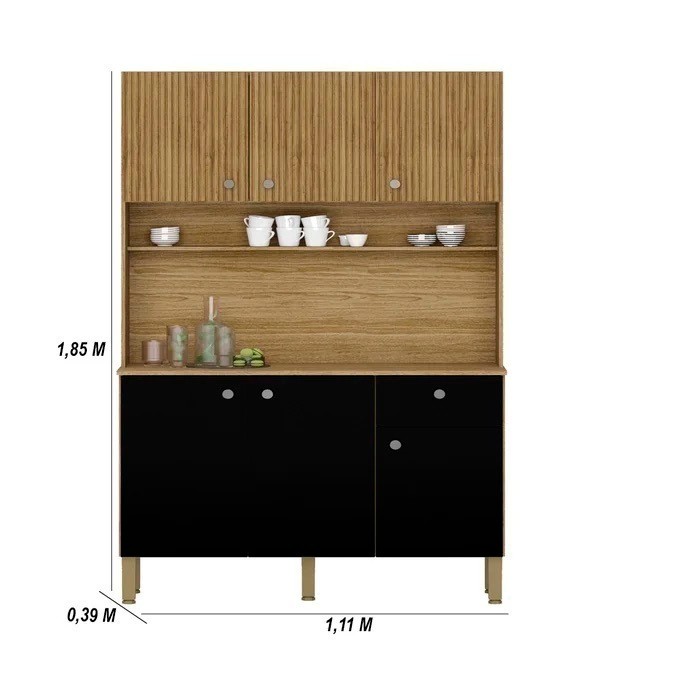 Armário de Cozinha Kit 6 Portas Style Frisado Freijó/Nero - Kits Paraná Armário de Cozinha Kit 6 Portas Style Frisado Freijó/Nero - Kits Paraná