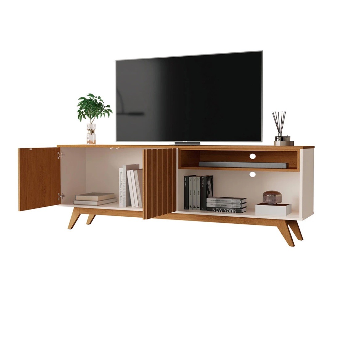 Rack Buriti Ripado para TV até 65 Polegadas 2 Portas Giga Móveis Off White/Nature 160cm Rack Buriti Ripado para TV até 65 Polegadas 2 Portas Giga Móveis Off White/Nature 160cm