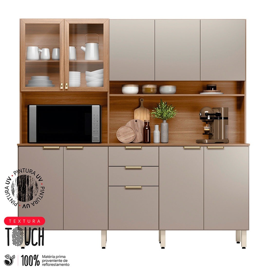 Kit Cozinha Compacta Amora 10 Portas e 2 Gavetas Demóbile - Amendoa/Nude Texturado Kit Cozinha Compacta Amora 10 Portas e 2 Gavetas Demóbile - Amendoa/Nude Texturado