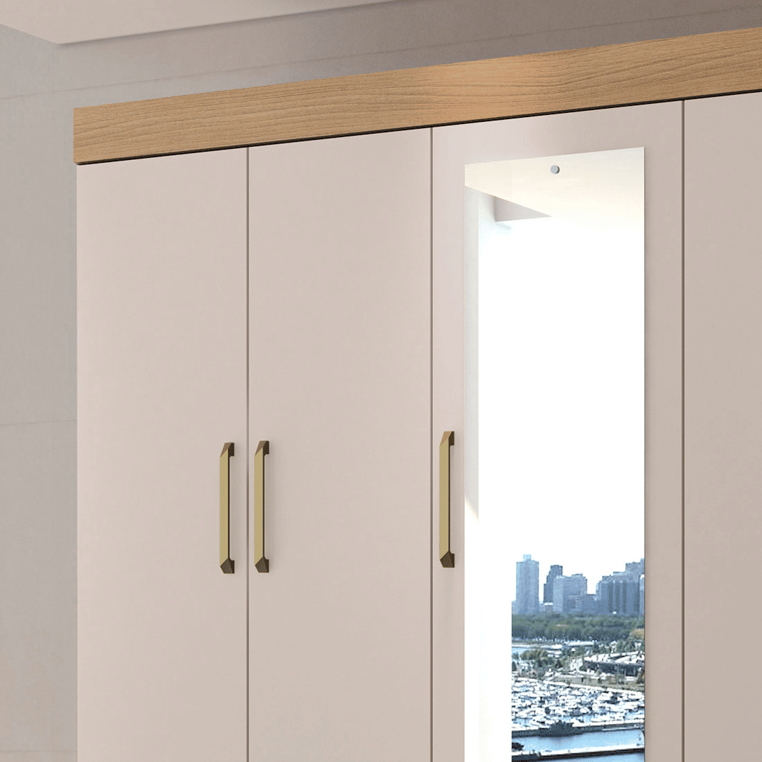 Guarda Roupa Casal Com Espelho 6 Portas Demobile Guaruja Amendoa/Off White