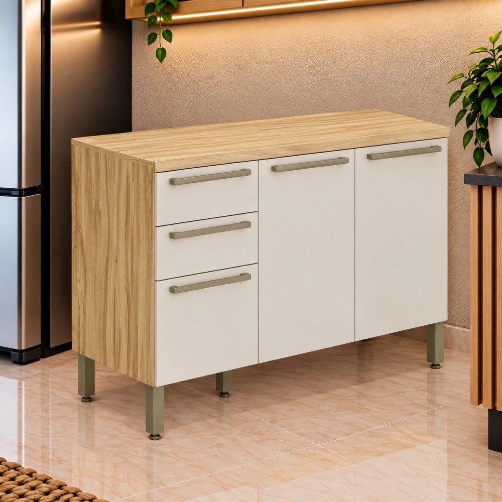 Balcão Ronipa 3 Portas 2 Gavetas Nápoli Prime 120cm Amêndoa/Off White