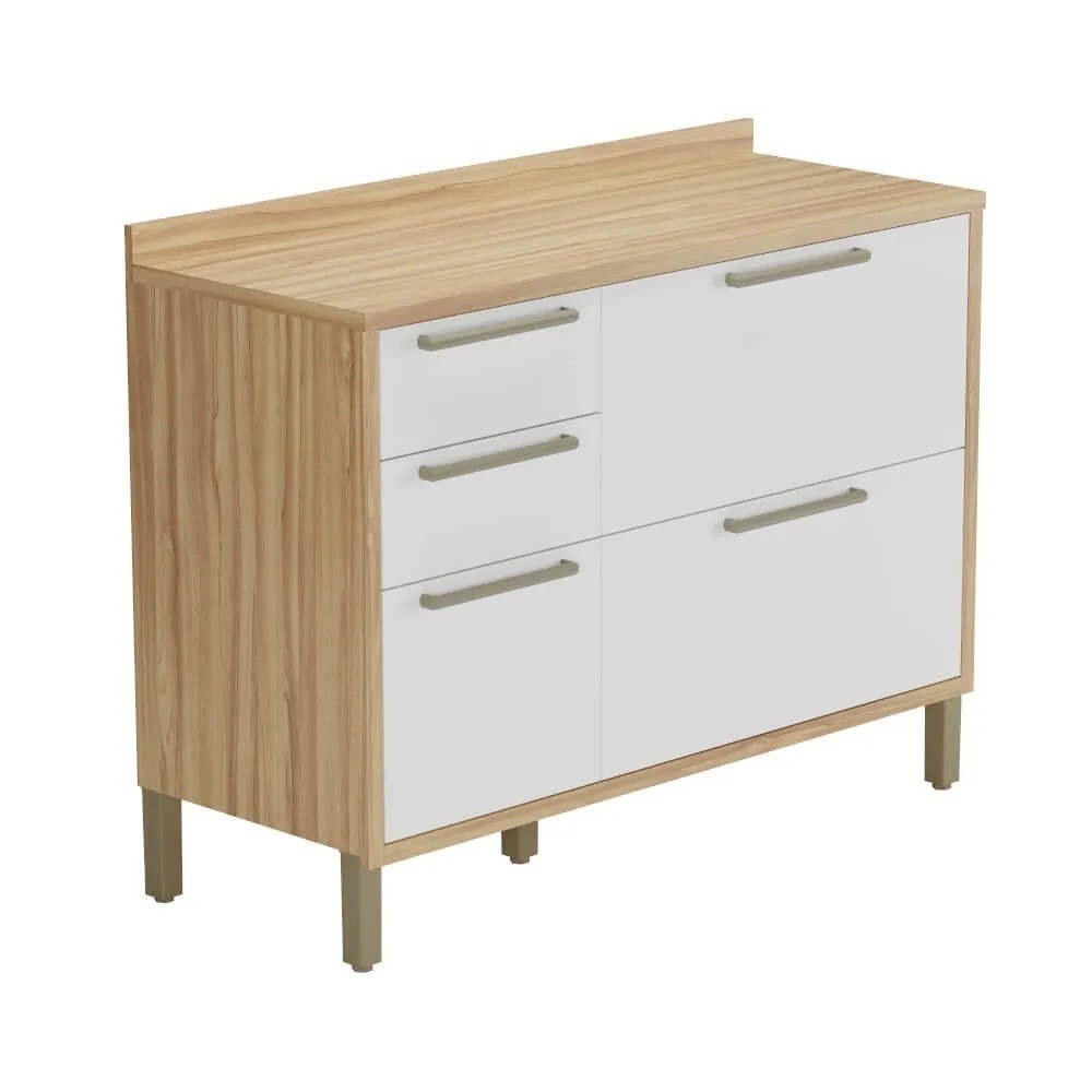 Balcão de Cozinha com Tampo em MDF  2 Portas 3 Gavetas Ronipa Syrah 120cm Amendoa/Branco Balcão de Cozinha com Tampo em MDF  2 Portas 3 Gavetas Ronipa Syrah 120cm Amendoa/Branco