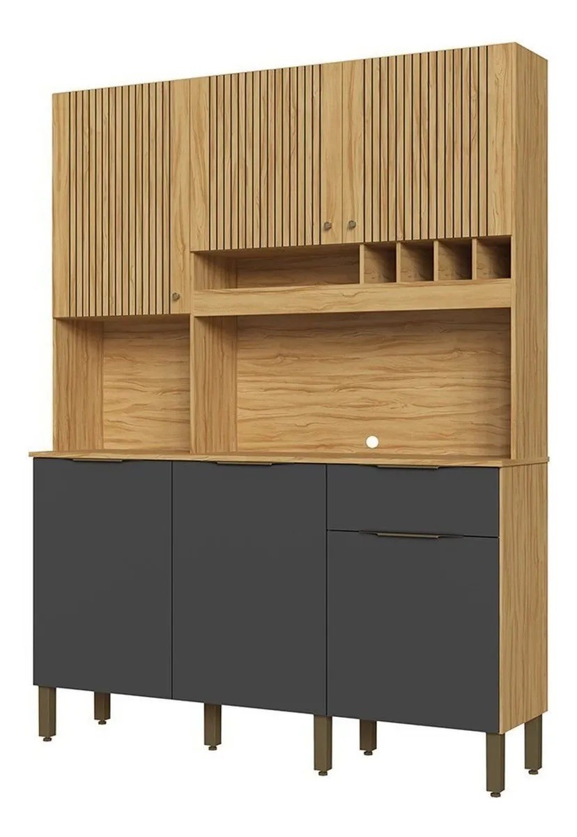 Armário de Cozinha Kit 6 Portas 1 Gaveta em MDF Ronipa Moscato Amendoa/Chumbo Armário de Cozinha Kit 6 Portas 1 Gaveta em MDF Ronipa Moscato Amendoa/Chumbo