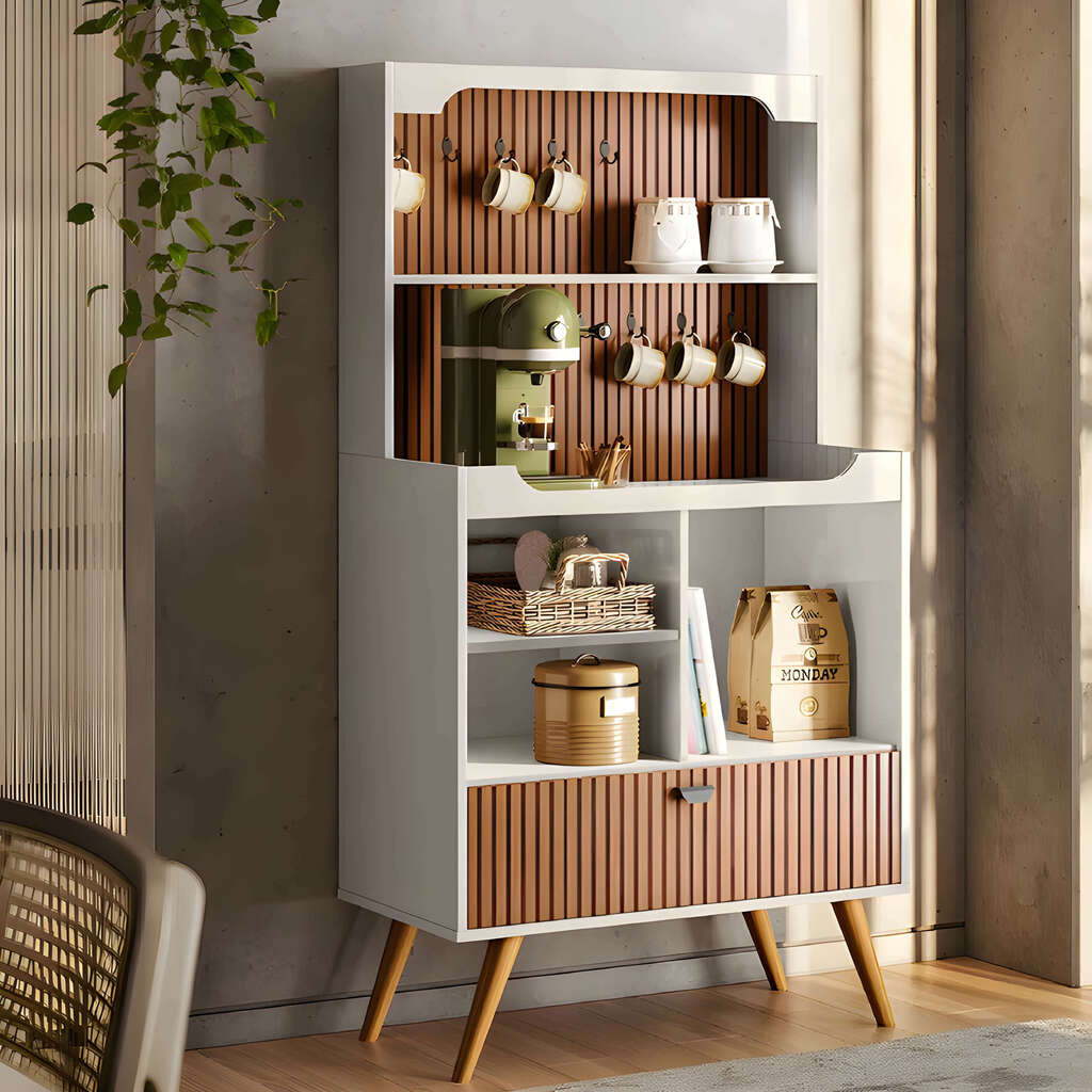 Aparador para Sala Cantinho do Café Rubi 1 Porta 3 Nichos Ripado 3D Pés Retrô Off White/Tauari 3D Lukaliam Aparador para Sala Cantinho do Café Rubi 1 Porta 3 Nichos Ripado 3D Pés Retrô Off White/Tauari 3D Lukaliam