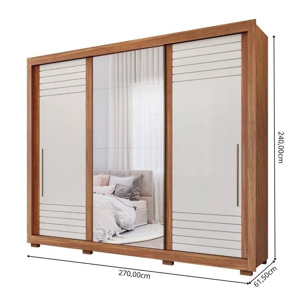 Guarda-Roupa Casal Com Espelho 3 Portas de Correr em MDF Panan Móveis Vitória Cinamomo/Off White Guarda-Roupa Casal Com Espelho 3 Portas de Correr em MDF Panan Móveis Vitória Cinamomo/Off White