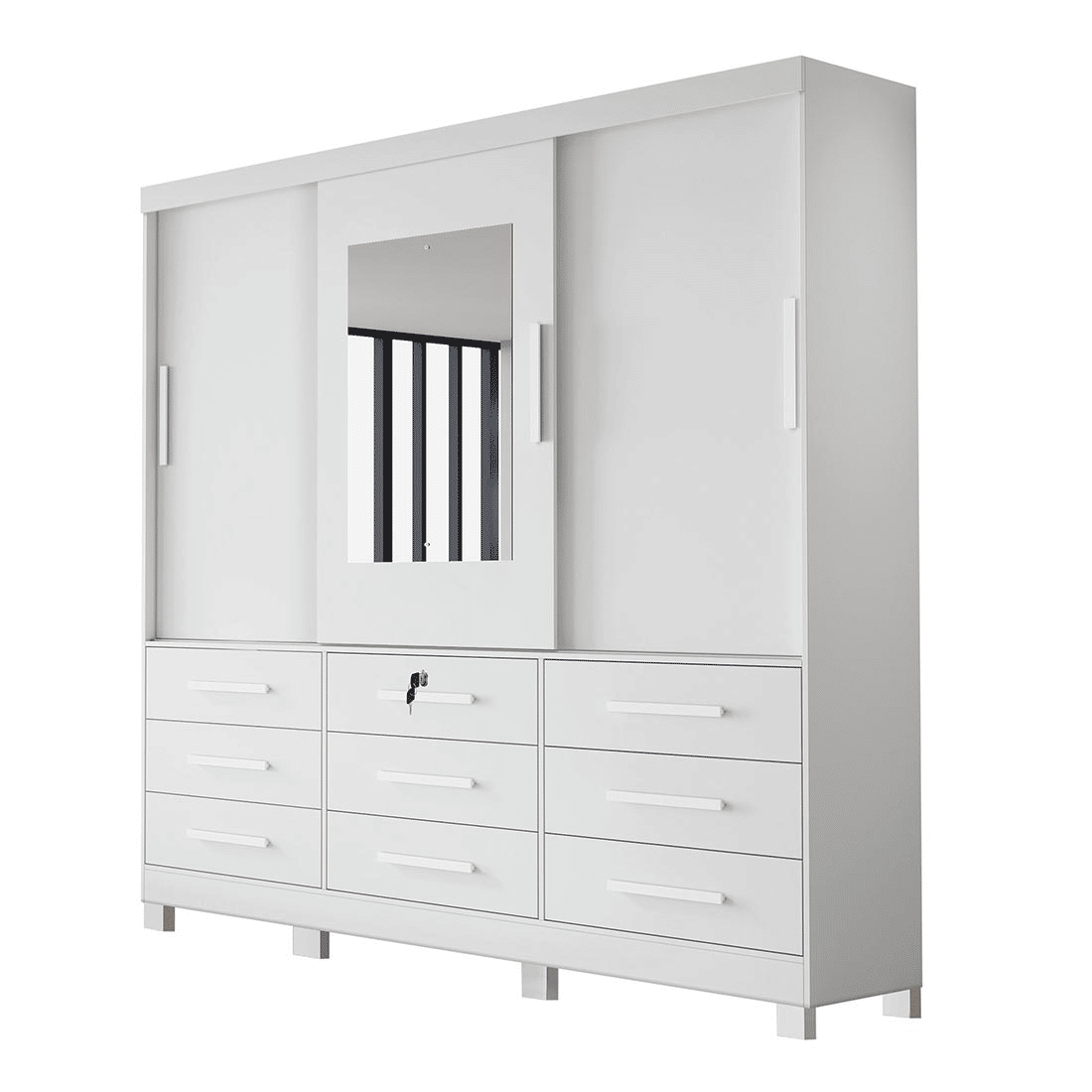 Guarda-Roupa Casal Athenas com Espelho 3 Portas 9 Gavetas Branco - Bianchi