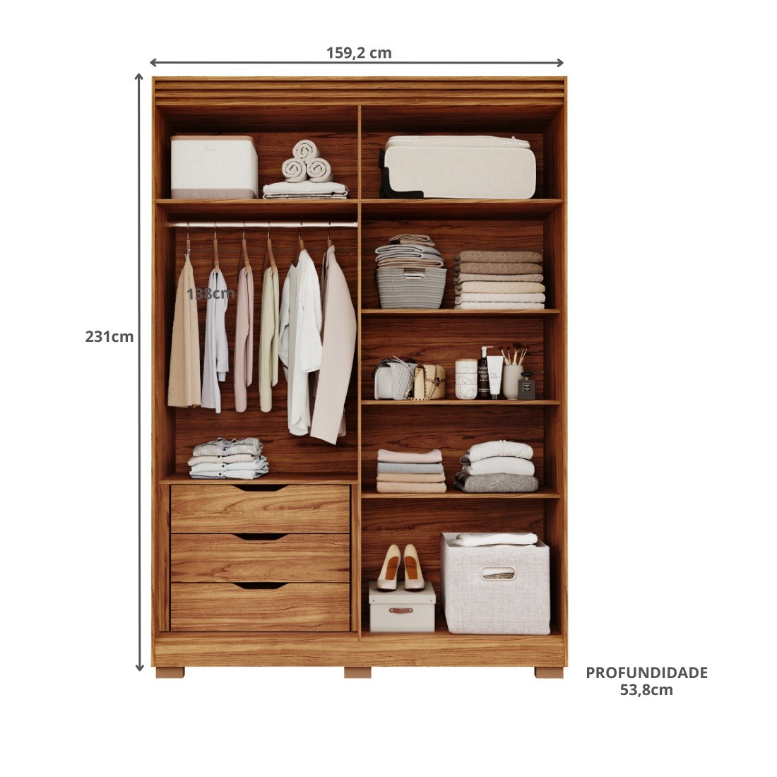 Guarda-Roupa Julia 100% MDF 4 Portas 3 Gavetas com Pés Panan Móveis Cinamomo/Grafiato