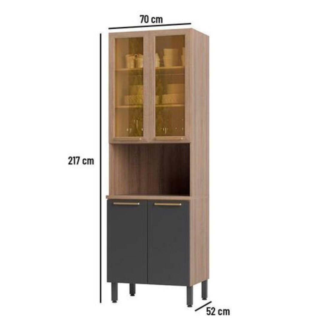 Paneleiro Torre Quente Avelã 70 cm 4 Portas, 02 com Vidro Reflecta, Telasul - Mel/Grafite Paneleiro Torre Quente Avelã 70 cm 4 Portas, 02 com Vidro Reflecta, Telasul - Mel/Grafite