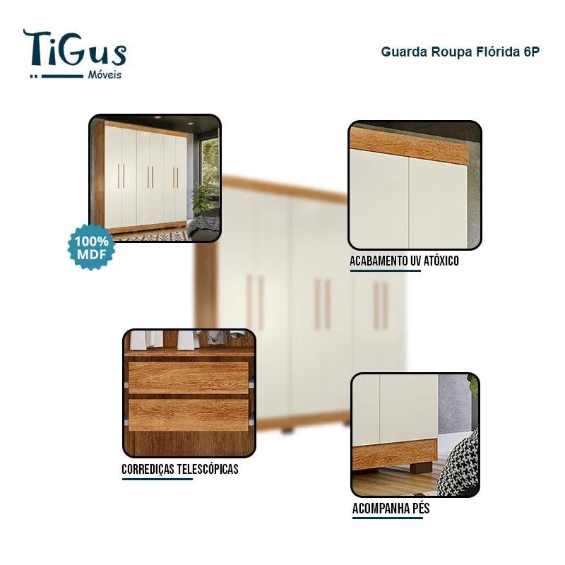 Guarda-roupa Flórida 6 Portas 4 Gavetas Tigus 210cm - Amadeirado/Off White