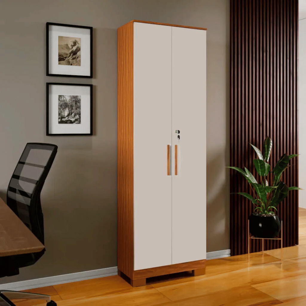 Armário Multiuso 2 Portas em MDF com Chave e Pés Ronipa Bordo Amendoa/Off White Armário Multiuso 2 Portas em MDF com Chave e Pés Ronipa Bordo Amendoa/Off White
