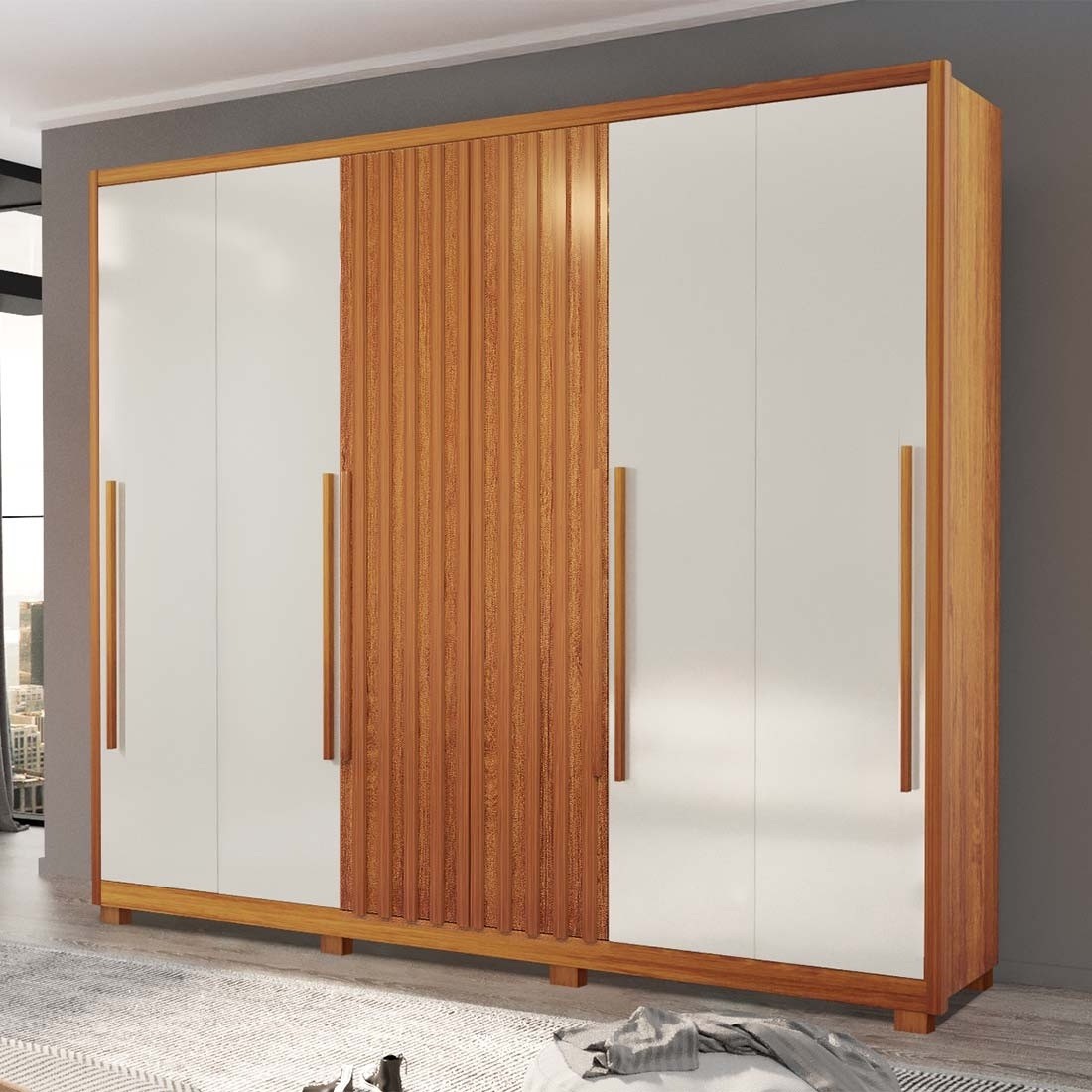 Guarda-Roupa Casal em MDF 6 Portas Bom Pastor Big Mary 2.7 - Natural/Off White/Ripado Guarda-Roupa Casal em MDF 6 Portas Bom Pastor Big Mary 2.7 - Natural/Off White/Ripado