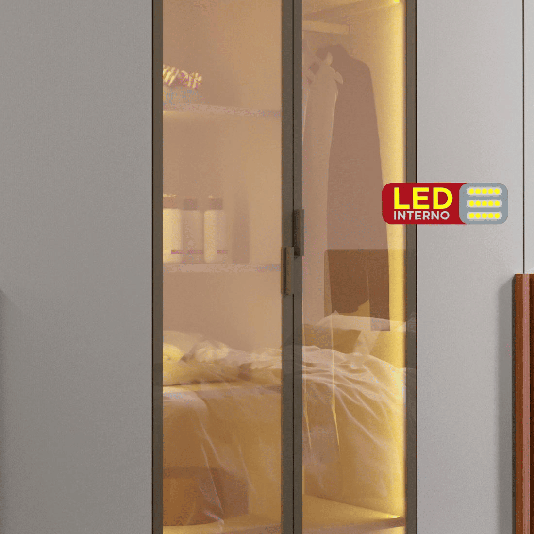 Guarda Roupa 6 Portas Modernita Reflecta com LED Duplex Casal Bom Pastor - Nogal/Bege-acinzentado