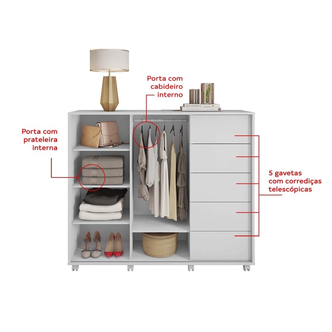 Cômoda Pegasus 2 Portas 5 Gavetas 136cm CAEMMUN - Branco