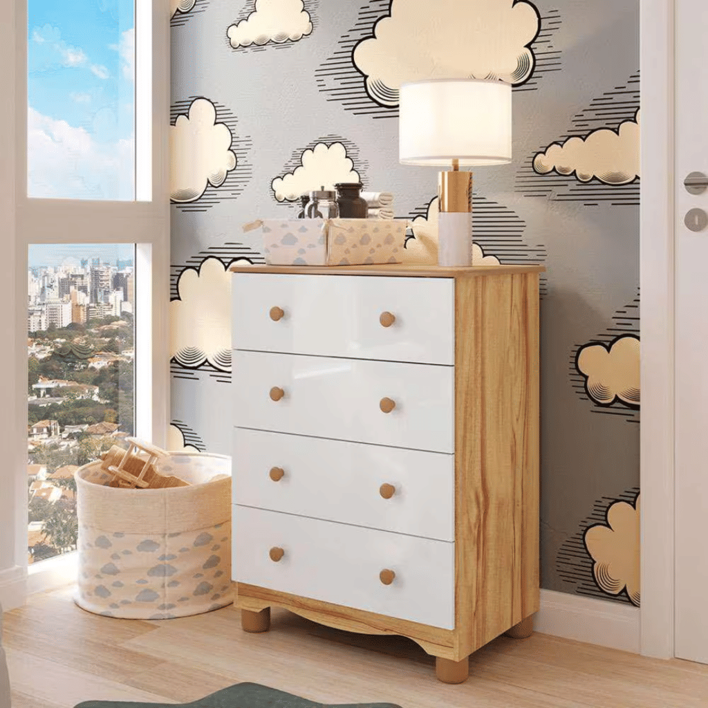 Cômoda para Quarto Infantil em MDF 4 Gavetas Peroba Junior Branco/Amendoa Cômoda para Quarto Infantil em MDF 4 Gavetas Peroba Junior Branco/Amendoa
