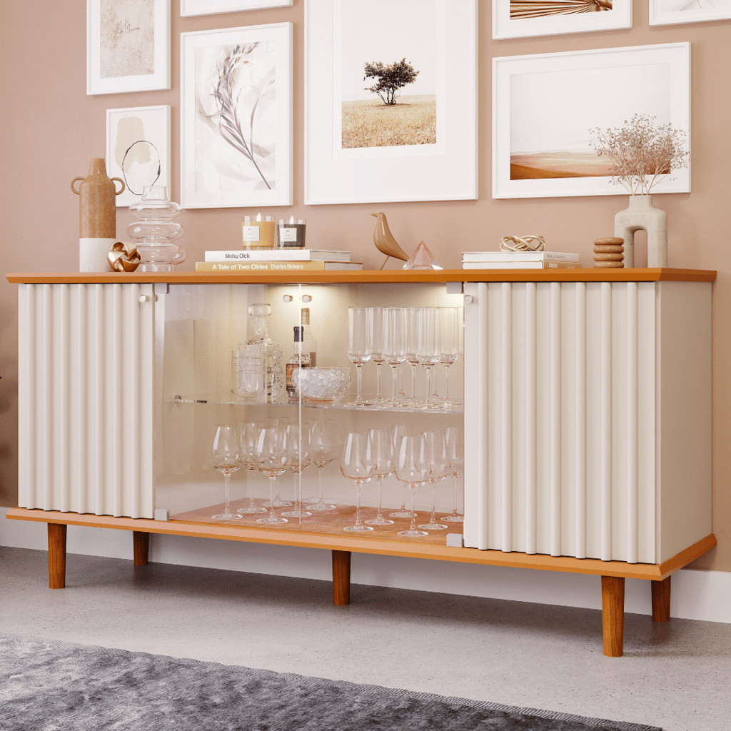 Buffet Aparador 4 portas 100% MDF, com Vidro Temperado Janice Cimol Nature/off White  Buffet Aparador 4 portas 100% MDF, com Vidro Temperado Janice Cimol Nature/off White