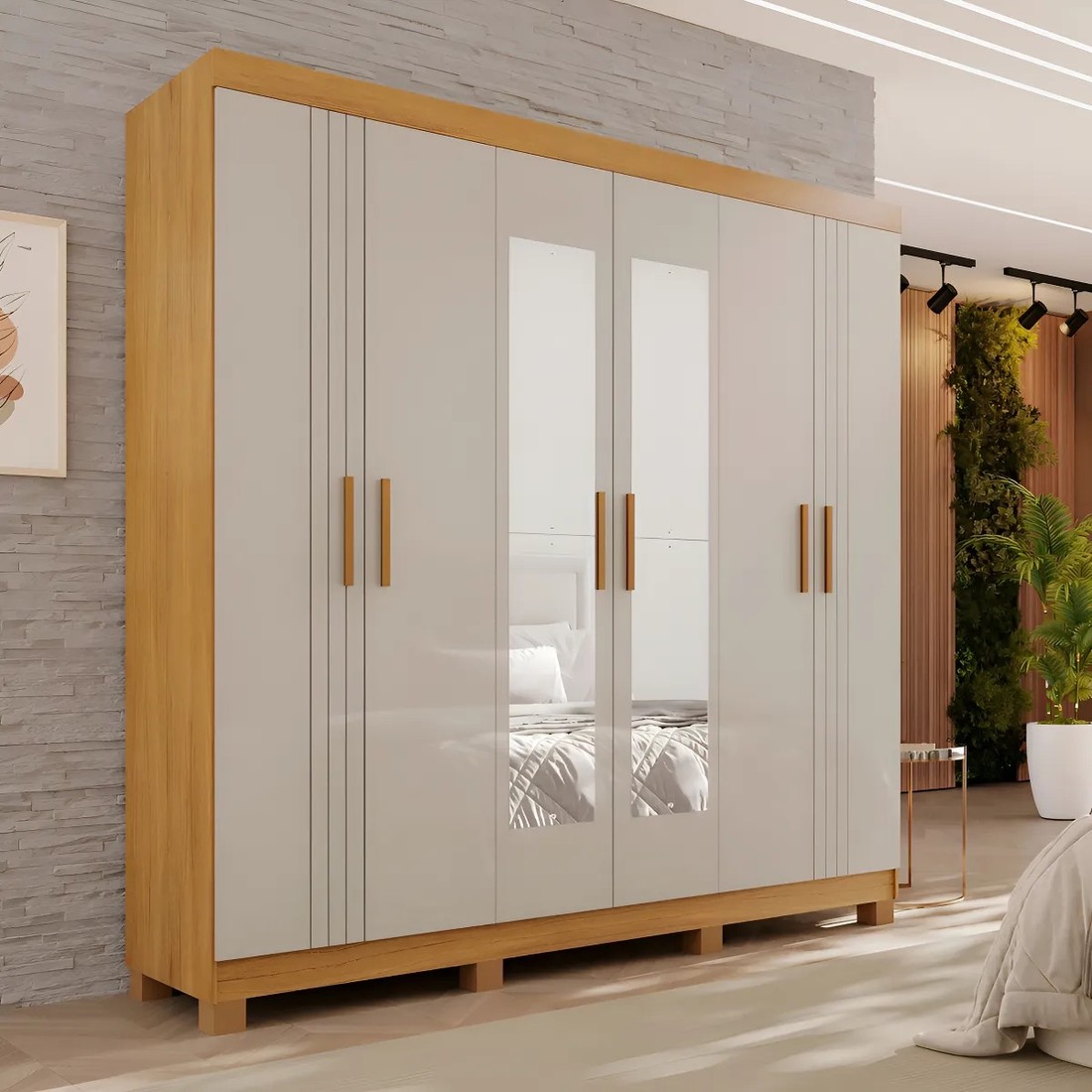 Guarda-roupa 6 Portas, com Espelho com Pés Madri Cinamomo/Off White - CHF Móveis