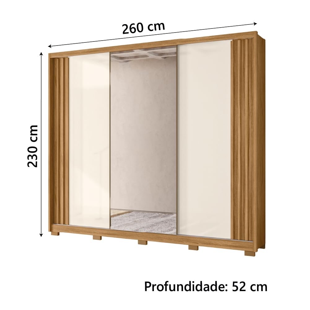 Guarda-Roupa 3 Portas de Correr 6 Gavetas Arizona 260cm Moval - Freijó/Off White