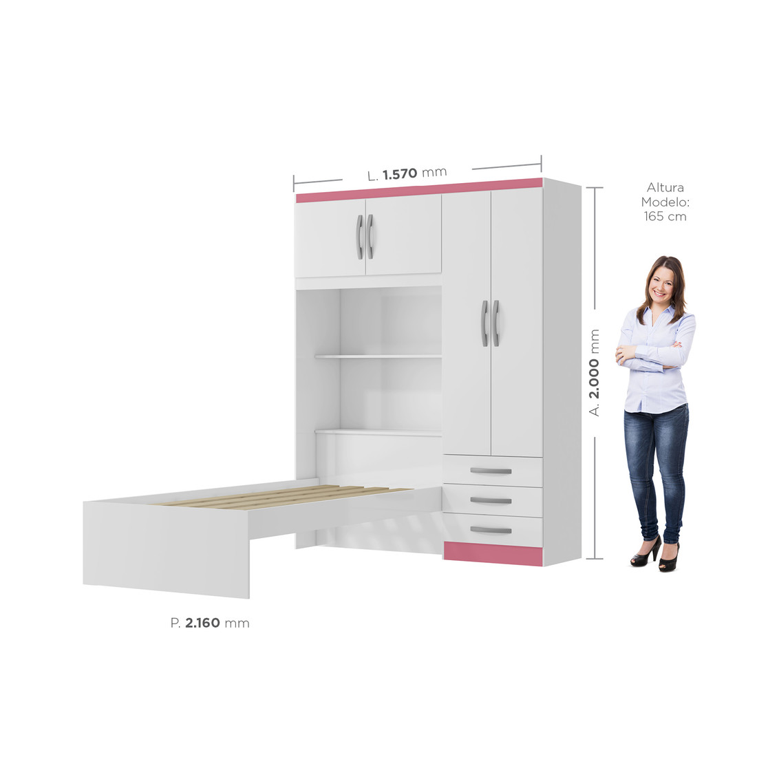 Guarda-Roupa Solteiro Com Cama 4 Portas MX Móveis Lisboa Branco/Rosa-Flex Guarda-Roupa Solteiro Com Cama 4 Portas MX Móveis Lisboa Branco/Rosa-Flex