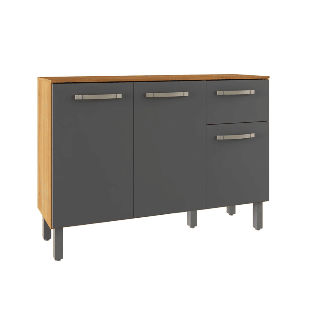 Balcão de Cozinha 3 Portas 1 Gaveta, Mila 120cm - Fiorello - Freijó/Grafite Balcão de Cozinha 3 Portas 1 Gaveta, Mila 120cm - Fiorello - Freijó/Grafite