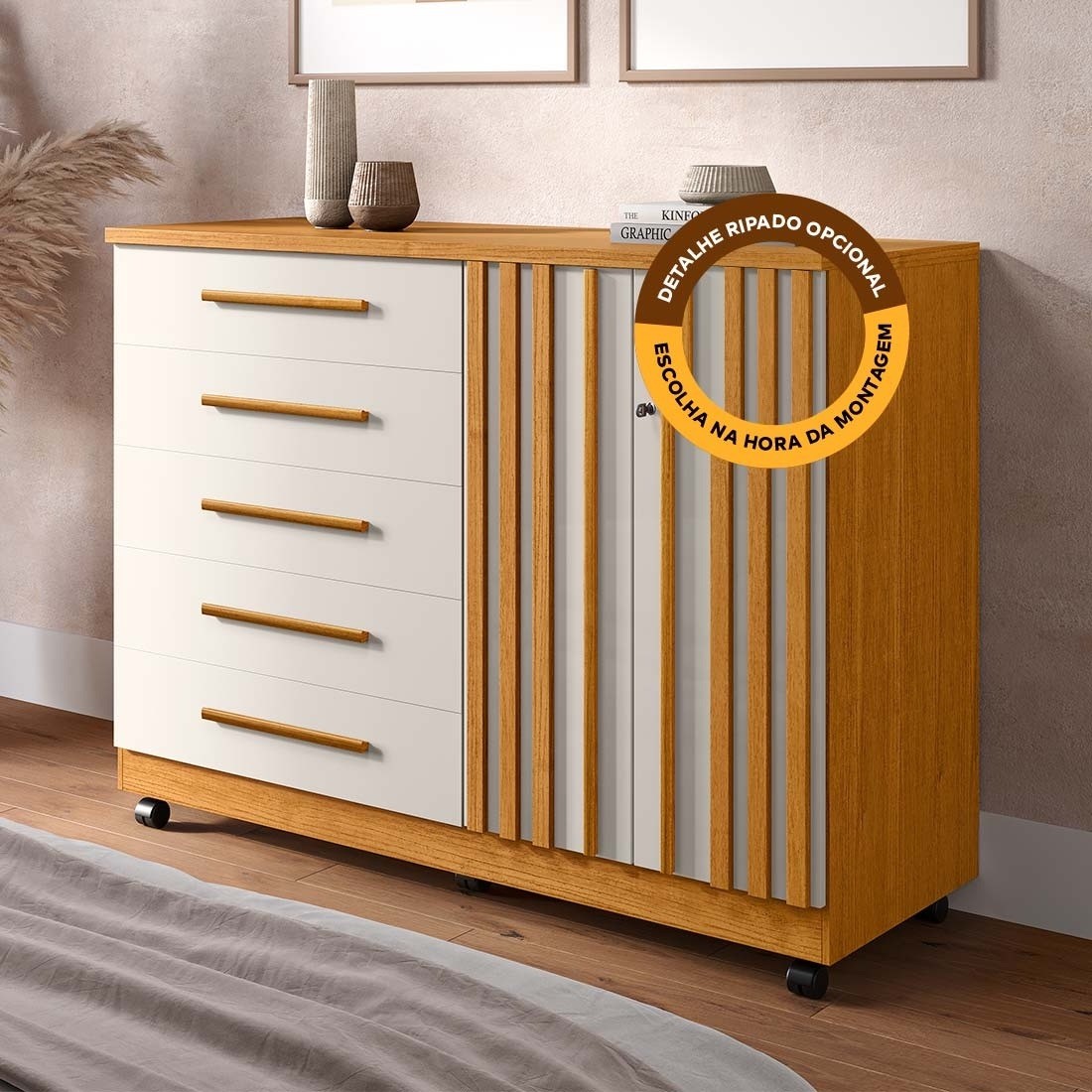 Cômoda Bella 5 Gavetas 2 Portas 136cm MDF ACP - Cin/Ofwh
