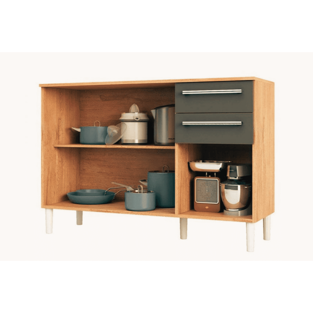 Balcão de Cozinha com Tampo em MDF 3 Portas 2 Gavetas Ronipa Carmenere 120cm Amendoa/Chumbo Balcão de Cozinha com Tampo em MDF 3 Portas 2 Gavetas Ronipa Carmenere 120cm Amendoa/Chumbo